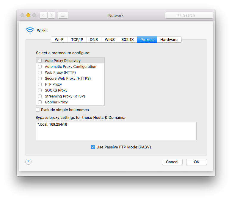 SOCKS configuration from the Mac Network Preferences dialog